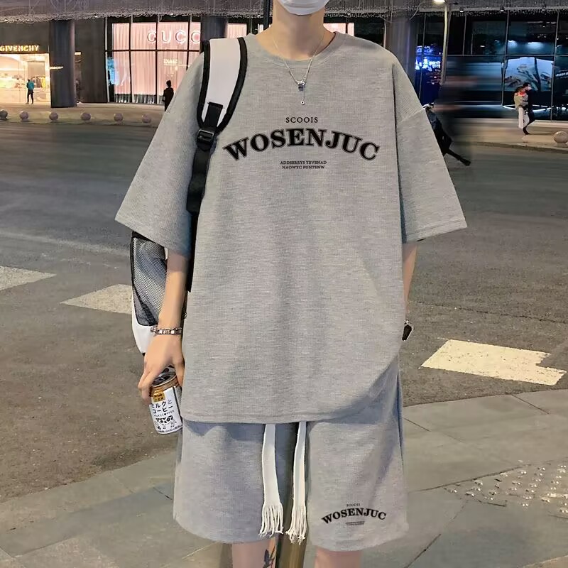 清仓捡漏外贸撤回华夫格短袖短裤套装男薄款运动休闲大码两件套夏