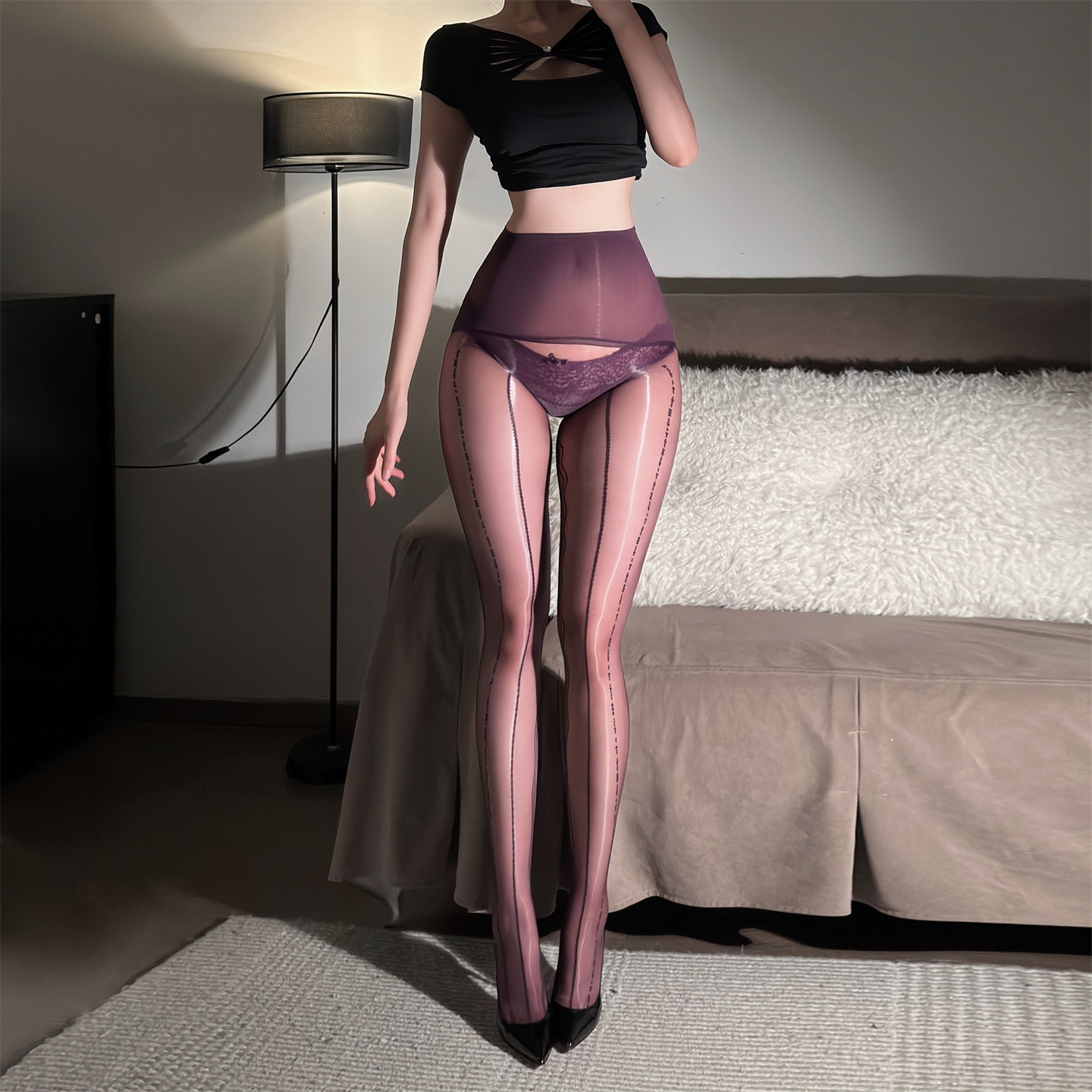 「电波」极光1D性感超薄油亮条纹丝袜油光丝滑连裤袜黑丝袜诱惑女