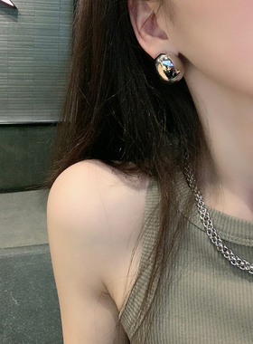 CINCIN欧美金属光面椭圆立体耳钉女小众个性时髦夸张耳环925银针