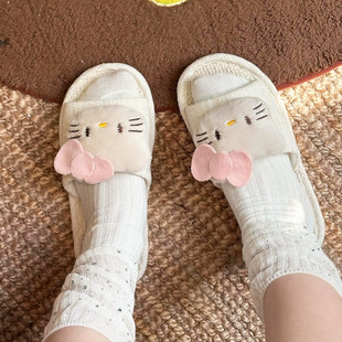 猫咪亚麻拖鞋女款一字拖可外穿家用棉麻拖鞋室内家居拖鞋厚底防滑