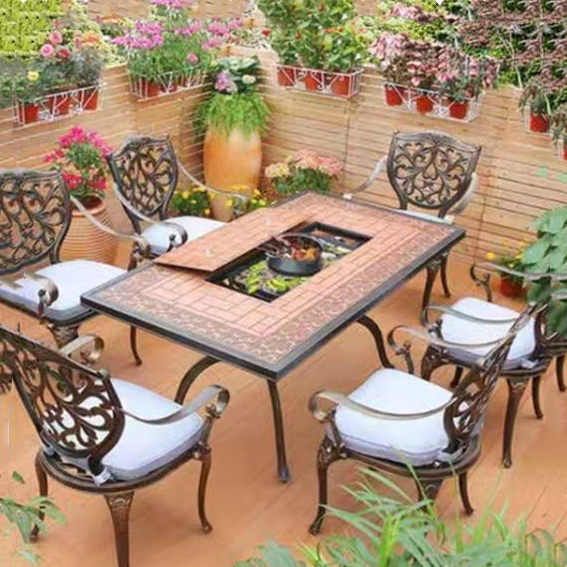 户外铸铝桌椅家用烧烤炉火锅台花园铁艺休闲露台庭院防水桌椅组合