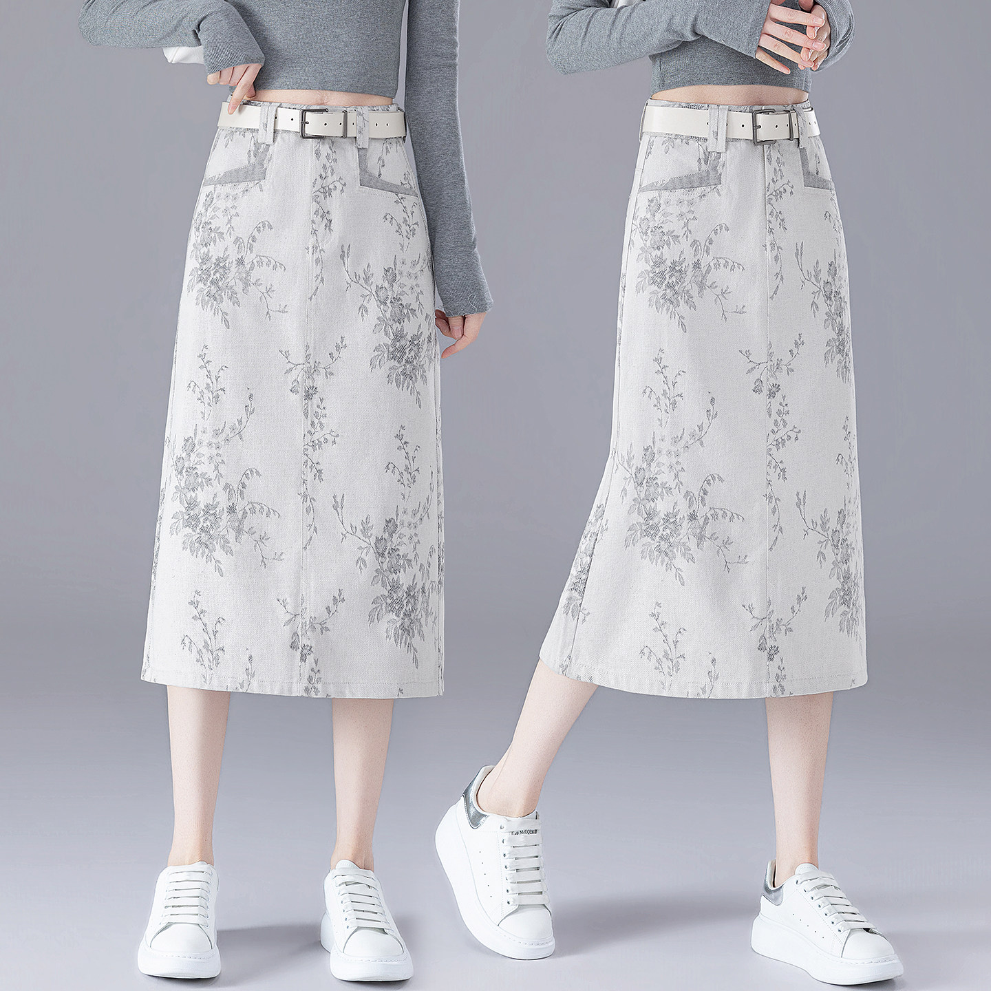 A字牛仔半身裙女2026春款高腰花卉印花宽松显瘦百搭中长半身裙