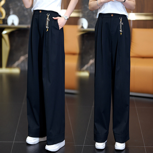 高腰纽扣腰阔腿裤女2026春季侧缝明线卷边版型遮肉显瘦气质长裤