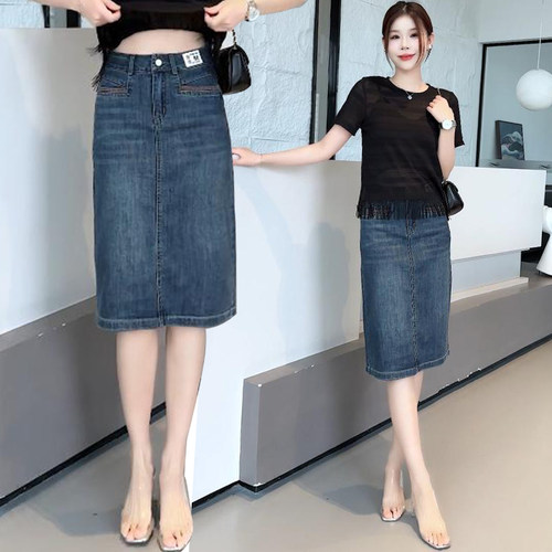 夏薄高腰显瘦A字开叉牛仔半身裙