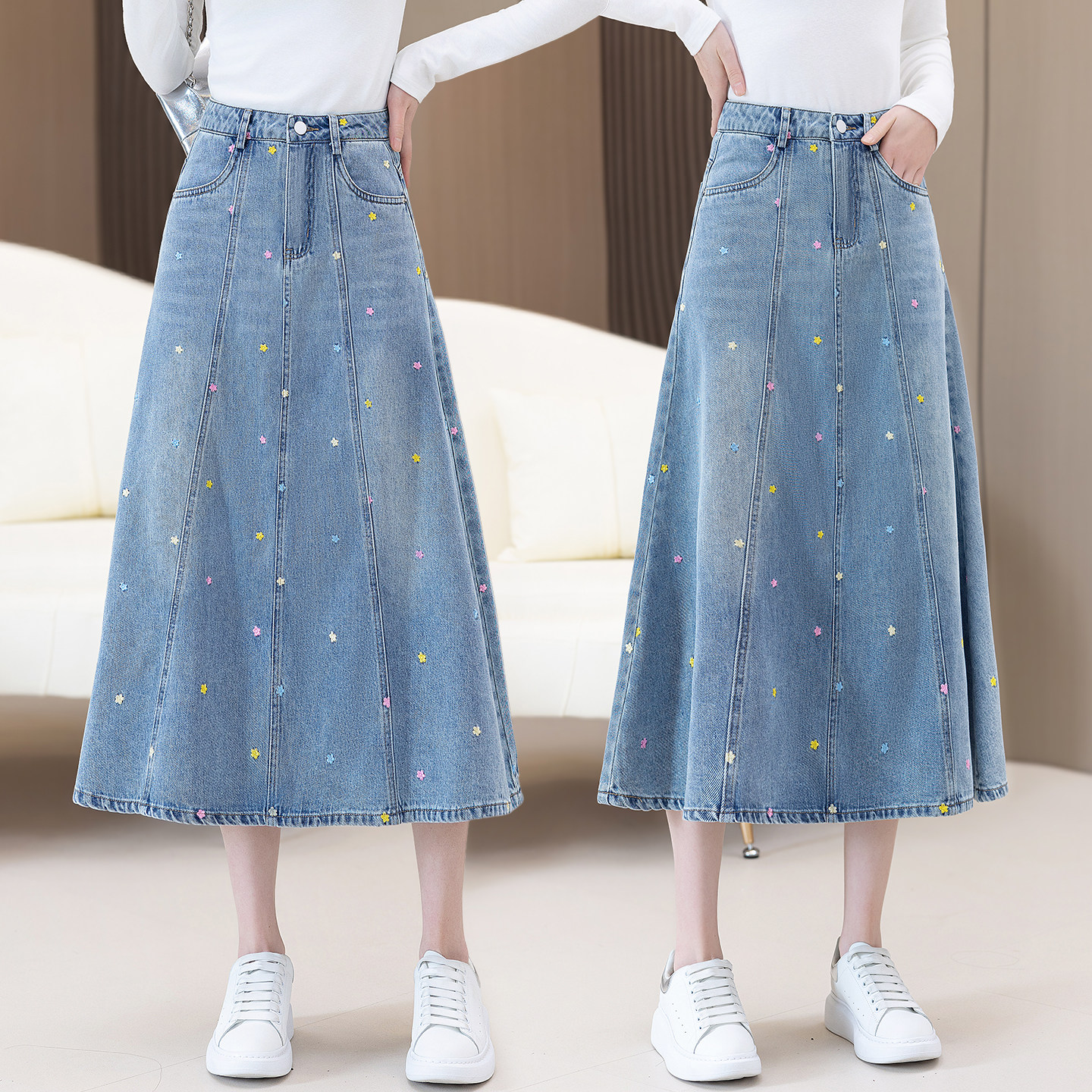 高腰牛仔半身裙女2026春夏款彩钻星星A字版型气质通勤显瘦中长裙