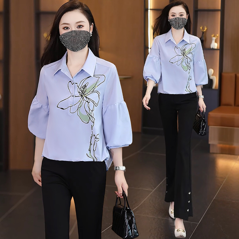 七分灯笼袖衬衫女印花中袖上衣
