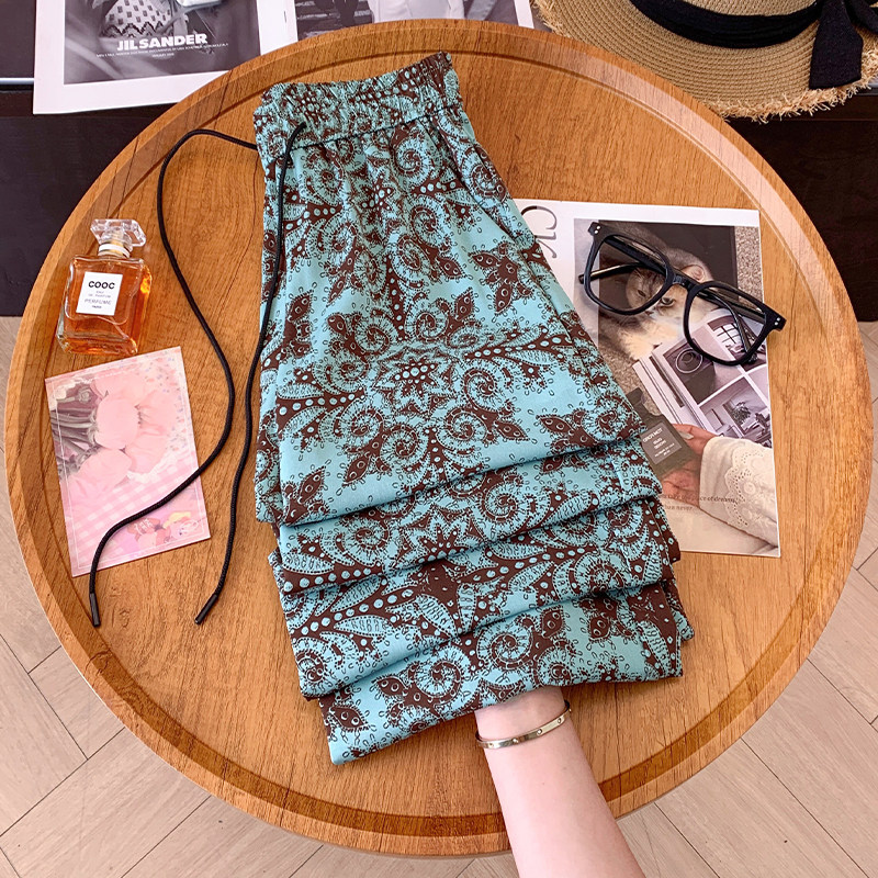 印花凉快冰丝阔腿裤子女款夏2025新款松紧腰垂坠感窄版直筒休闲裤,女装/女士精品,休闲裤,淘宝优惠券,粉丝福利购,淘宝优惠卷