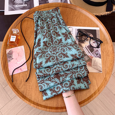 印花凉快冰丝阔腿裤子女款夏2025新款松紧腰垂坠感窄版直筒休闲裤