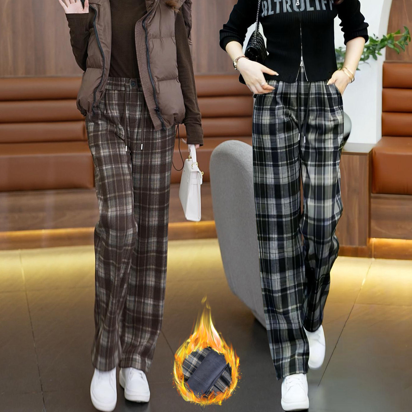 加绒格子阔腿裤女裤秋冬2025新款