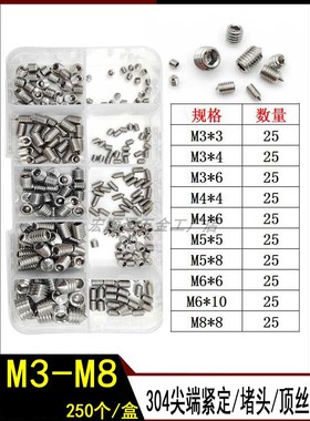 250pcs盒装 不锈钢紧定螺丝M3M4M5M6M8机米304堵头水龙头顶丝