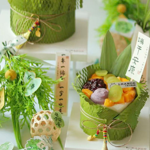 端午节限定日简约蜂窝纸绿色围边棕叶竹笼签甜品蛋糕装饰烘焙插件