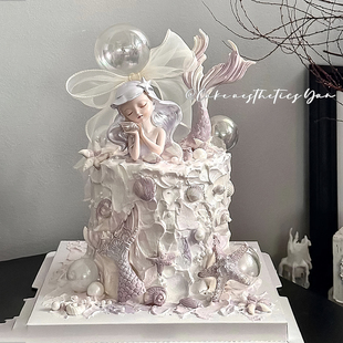 绝美海洋公主美人鱼蛋糕装 饰仙女生日翻糖鱼尾贝壳海星模具蝴蝶结