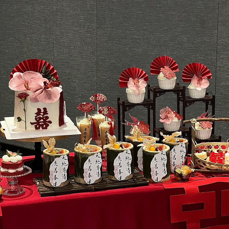 创意结婚订婚宴中式蝴蝶兰蛋装饰纸杯喜字折扇竹篮扇子插件高脚杯