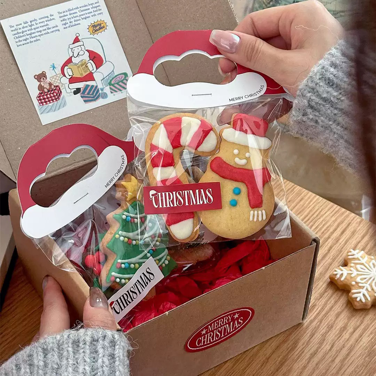 爆款圣诞节主题曲奇饼干糖果透明打包袋红帽老人卡头烘焙礼品挂饰