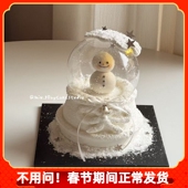 冬日圣诞节梦幻雪景主题水晶球蛋糕装 饰可爱雪球雪人DIY铃铛丝带