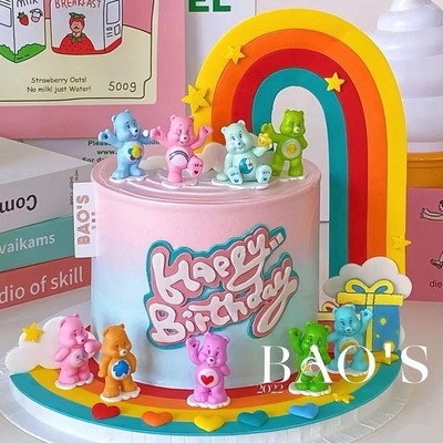 网红CareBears彩虹熊蛋糕装饰