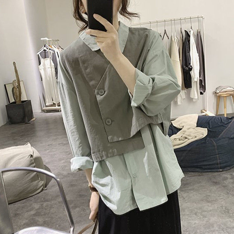 马甲衬衫女两件套女士春秋复古宽松显瘦设计感小众衬衣棉质套装