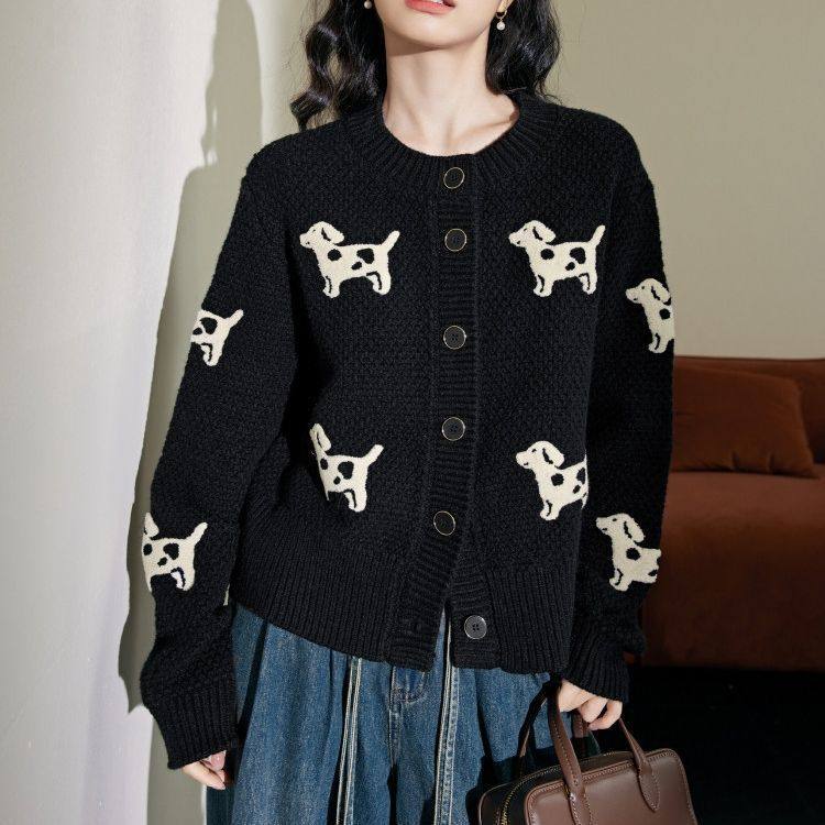 阔色黑色小狗开衫女2025新款秋冬季内搭针织衫毛衣短款外套上衣