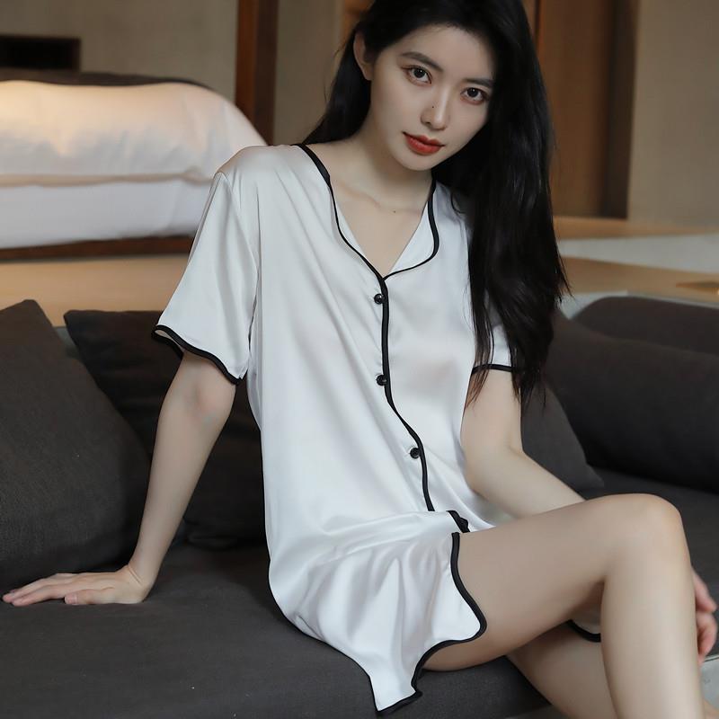 睡衣女款纯欲性感真丝白色男友风衬衫裙气质短袖春秋冰丝睡裙夏季