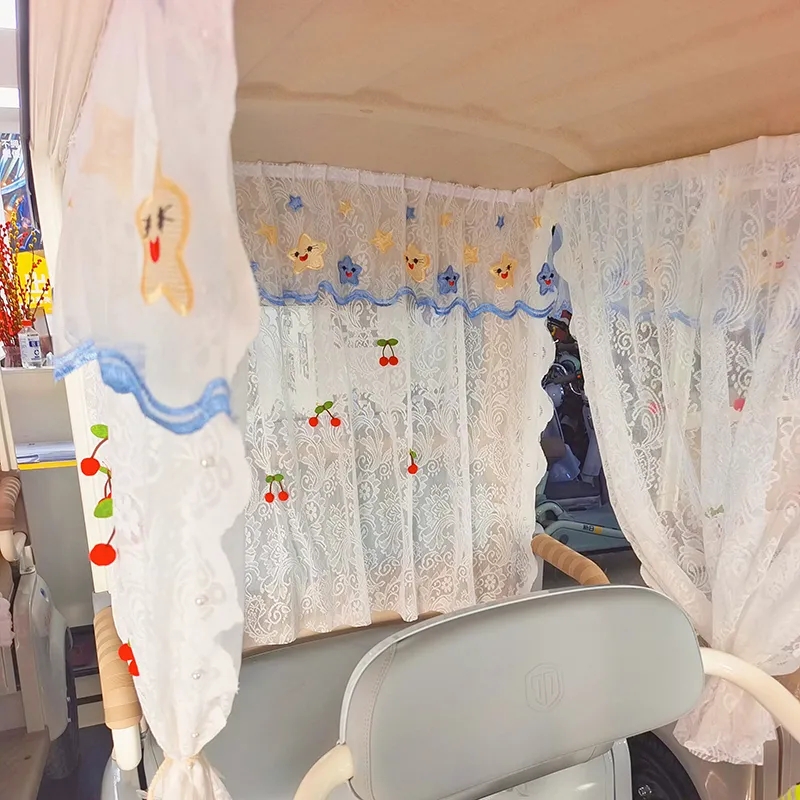 三轮电动车窗帘遮阳帘公主风防晒帘魔术贴纱帘电动三轮车内饰改造