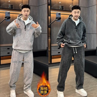 秋季新款时尚运动休闲套装男士银丝斜条纹半拉链帽衫直筒裤两件套