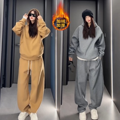秋冬加绒纯色连帽卫衣休闲裤套装