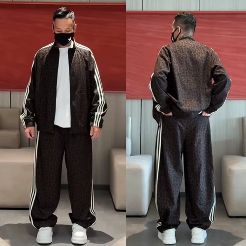 秋季新款潮流宽松豹纹立领外套休闲裤男士三条杠套装情侣款两件套