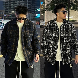 秋冬新款 潮流格子痞帅宽松百搭休闲夹克 小香风千鸟格夹棉外套男士