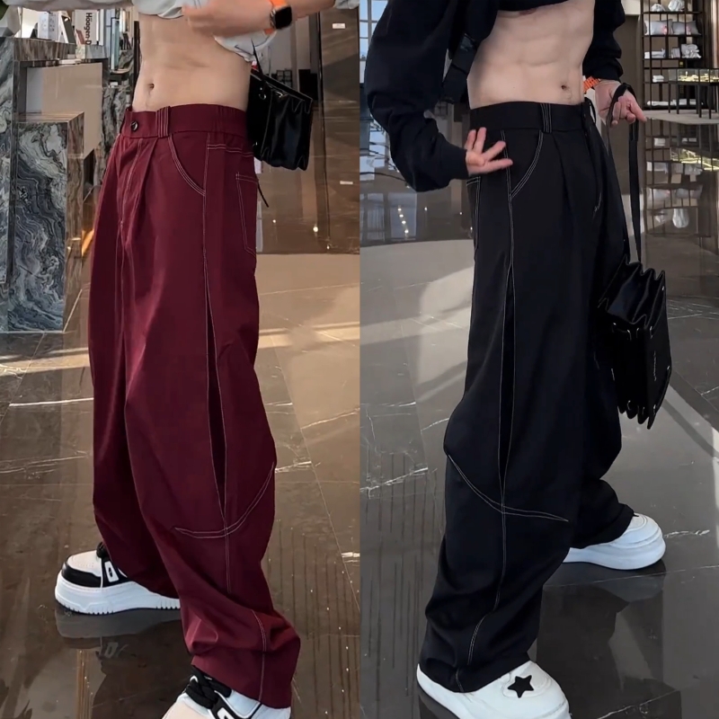 春秋新款明线结构弯刀阔腿休闲裤男士半松紧腰潮流高级感百搭长裤