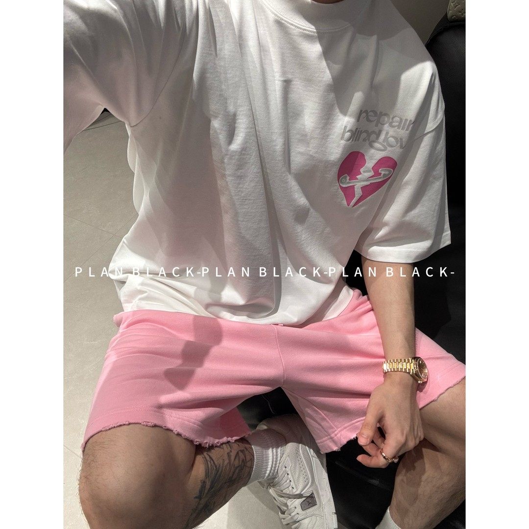 夏季重磅心碎黑粉印花休闲套装男