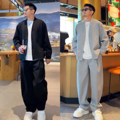 秋季新款简约风百搭时尚宽松休闲复古慵懒感压皱设计开衫长裤套装