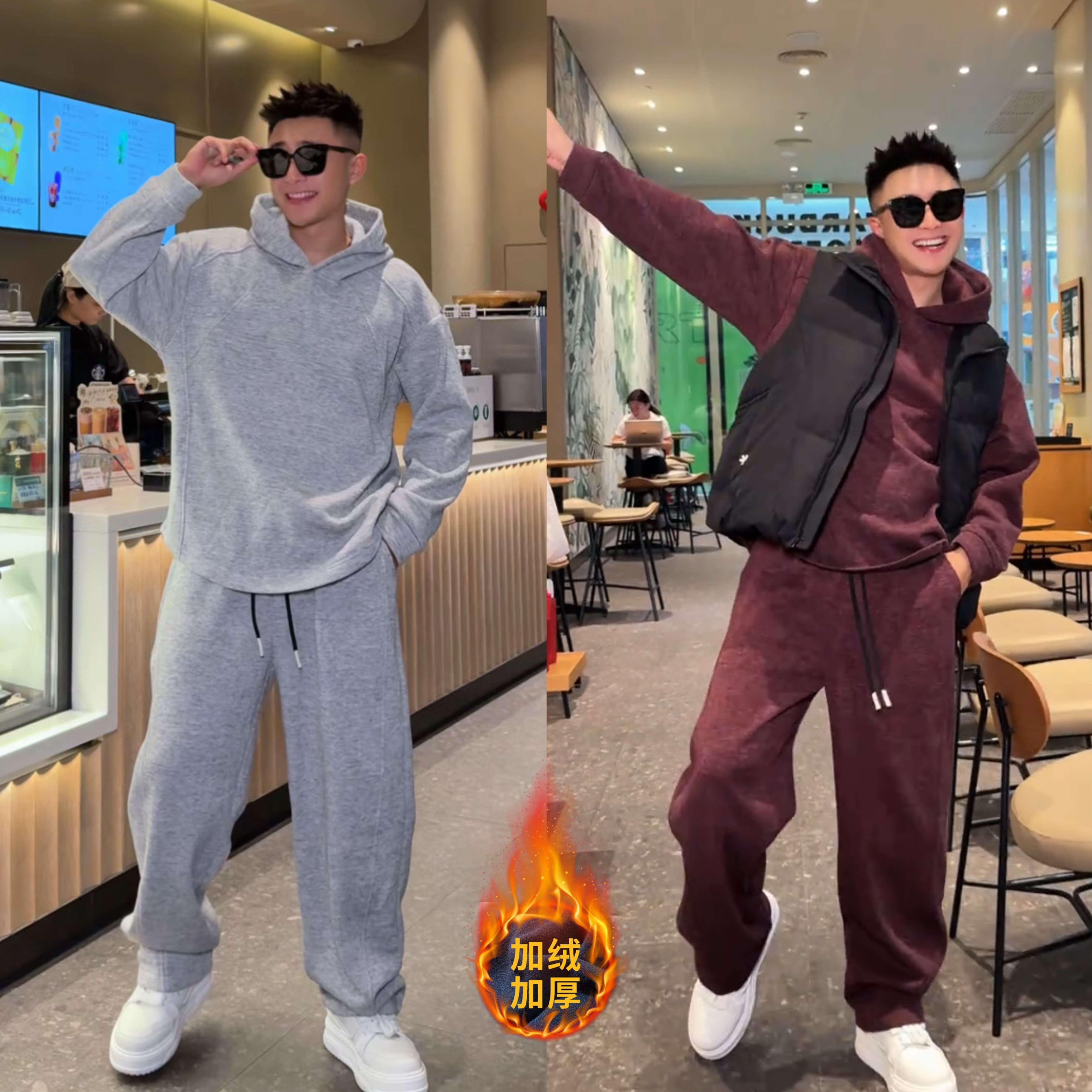 秋冬新款加厚糯米绒运动休闲套装男加绒保暖连帽卫衣休闲裤两件套