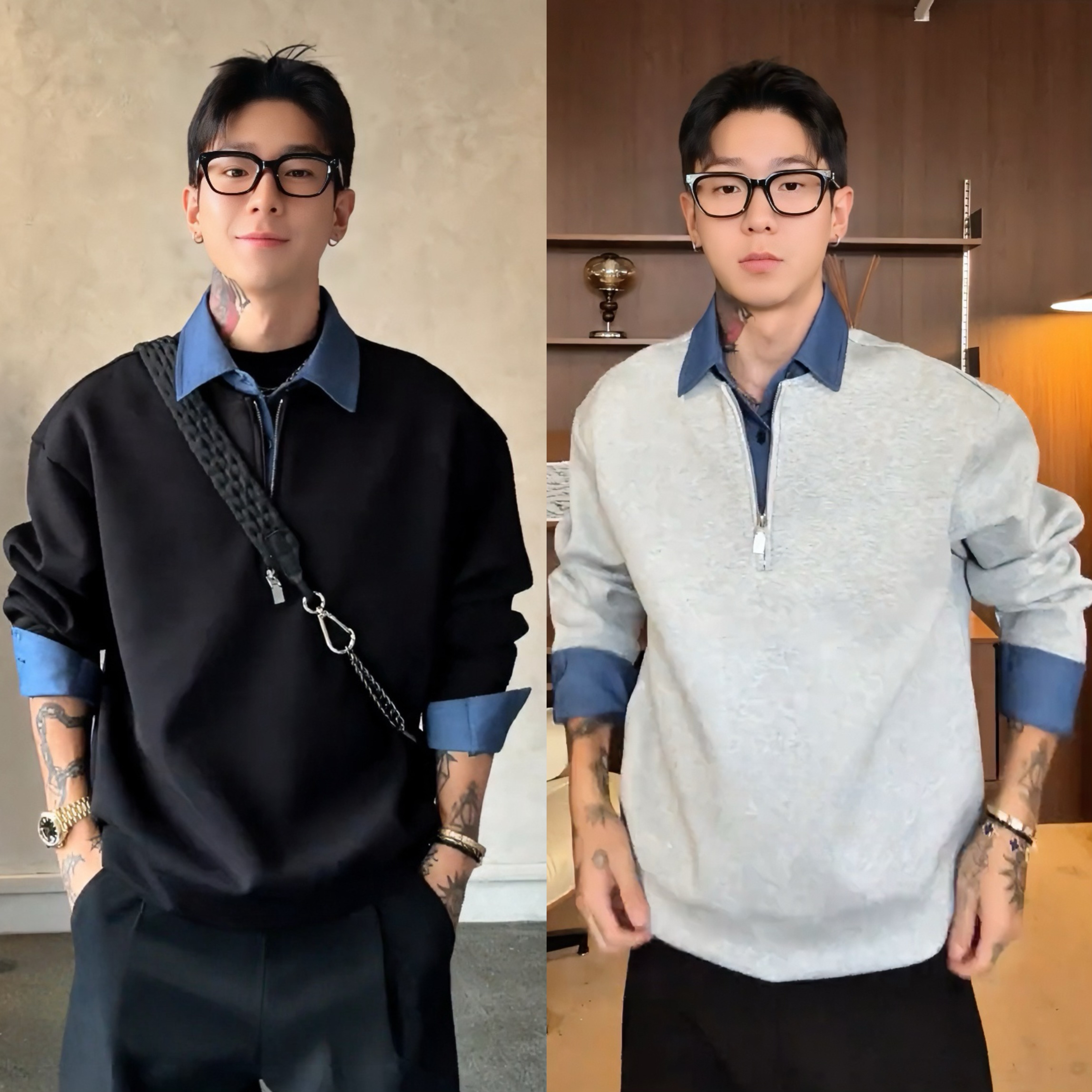 秋冬款连帽卫衣卫裤运动套装重磅假两件半拉链卫衣男秋冬翻领上衣