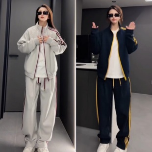 宽松休闲立领外套弯刀裤 男士 两件套 撞色三条杠运动卫衣套装 美式