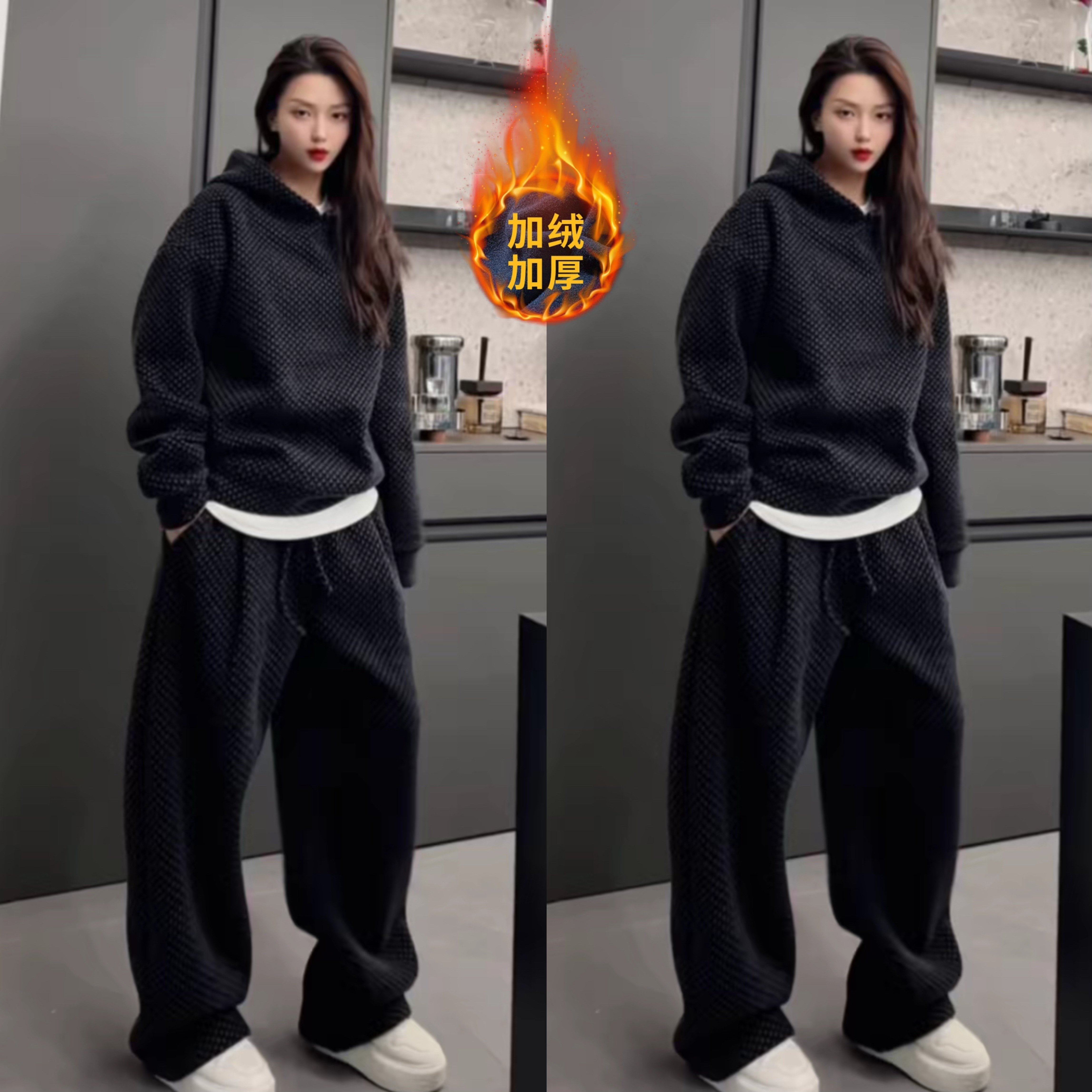 冬季重磅潮牌加绒加厚连帽彩色休闲套装男时尚百搭卫衣长裤两件套,男装,休闲运动套装,淘宝优惠券,粉丝福利购,淘宝优惠卷