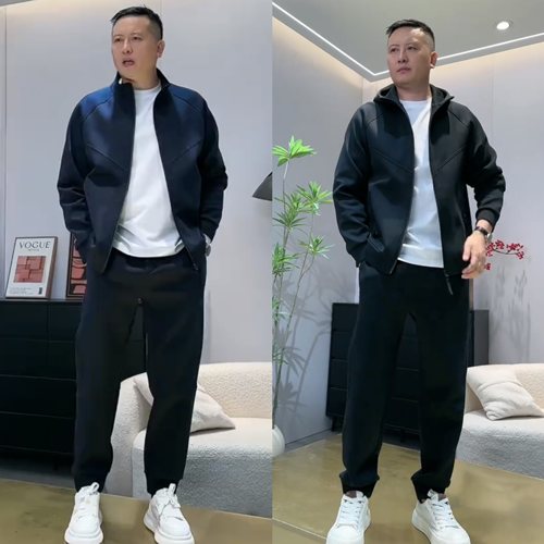 秋冬男士净版时尚休闲运动户外套装连帽开衫外套小直筒裤两件套男