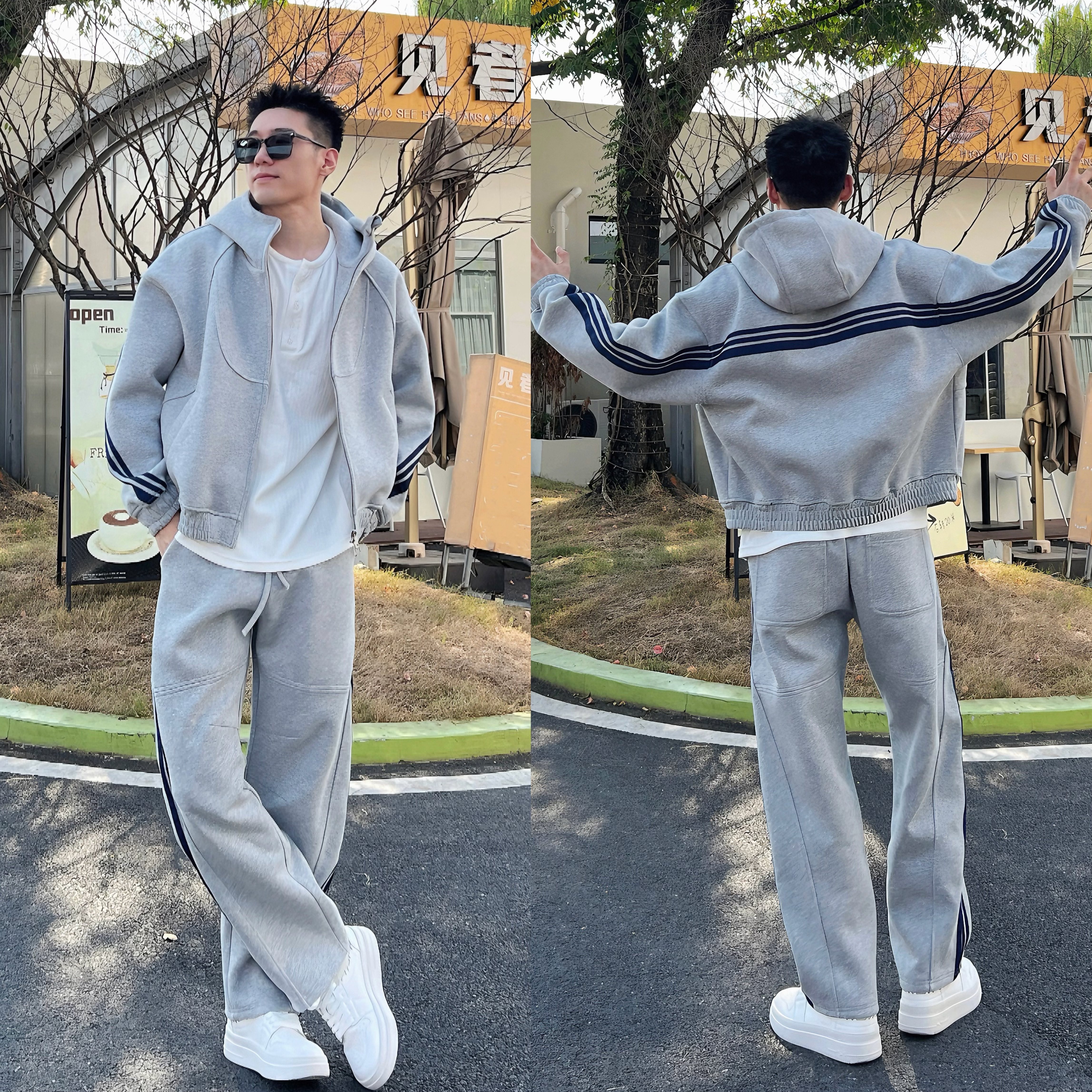 thumbnail for Autumn and winter heavyweight trendy brand three-bar athleisure suit men's wide version hooded zipper jacket sweatshirt sweatshirt pants set