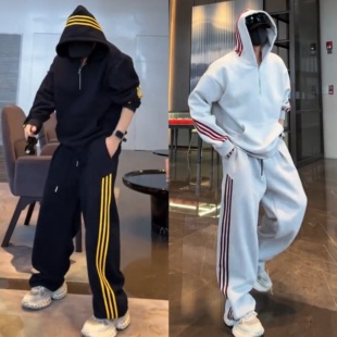 秋季经典三条杠运动休闲套装男宽松半拉链连帽卫衣阔腿长裤两件套