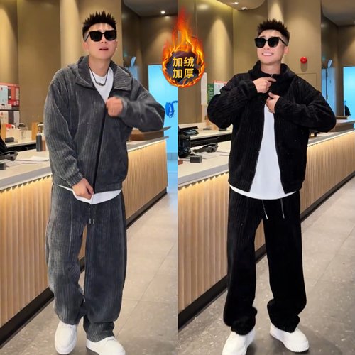 秋冬新款加绒加厚鱼骨纹休闲套装男时尚保暖帽衫外套阔腿裤两件套