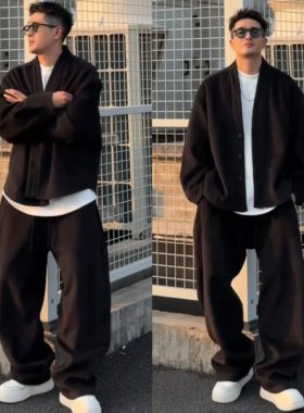 秋冬百搭宽松休闲廓形加厚毛呢休闲套装男纯色开衫外套长裤两件套