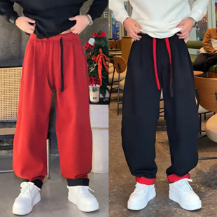 【语乐】春秋磨毛加绒休闲裤男撞色卷边运动卫裤阔腿微弯刀拖地裤