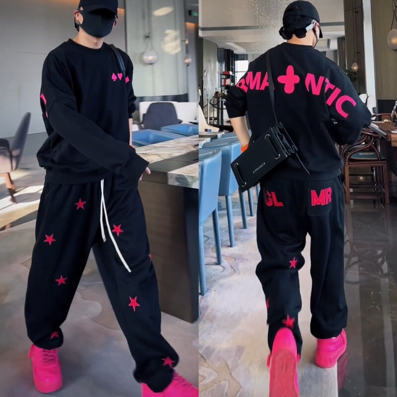 春秋潮牌运动休闲套装男时尚宽松欧货痞帅印花圆领卫衣卫裤两件套,男装,休闲运动套装,淘宝优惠券,粉丝福利购,淘宝优惠卷