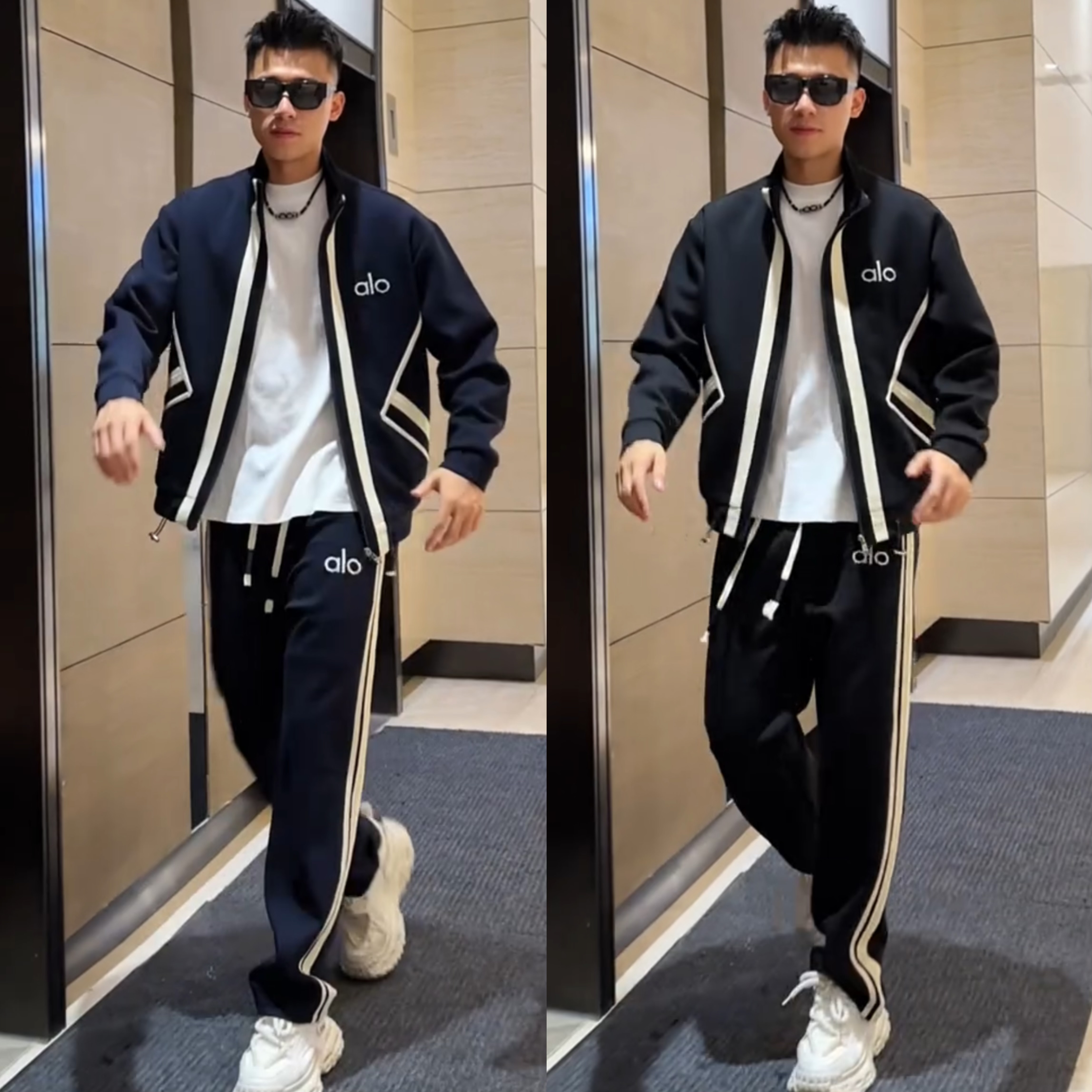 时尚轻奢休闲运动套装男士秋季拼接撞色条纹立领外套直筒裤两件套
