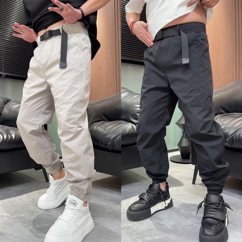 春夏新款拼接卡扣腰带工装休闲裤
