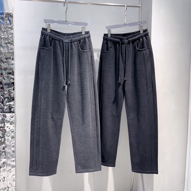 冬季新款绵羊毛加绒保暖休闲裤男高档简约拼接直筒裤阔腿弯刀长裤