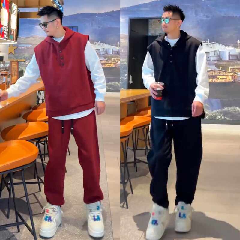 简约纯色百搭日常休闲春秋情侣同款时尚无袖套头连帽马甲长裤套装