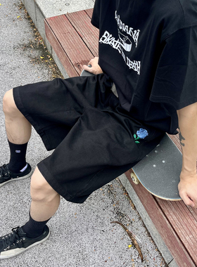 滑板水洗牛仔五分短裤 刺绣 情侣 美式街头 嘻哈街舞 冲浪 BMX