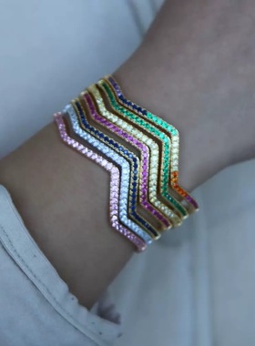 bangle小众ins不规则出口余彩色镶钻几何波浪手链满钻手镯