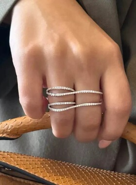 出口余三圈微镶锆石戒指女开口可调节个性小众戒指