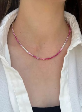 出口余细款女颈链简约百搭小众设计粉超美推荐渐变粉锆石项链